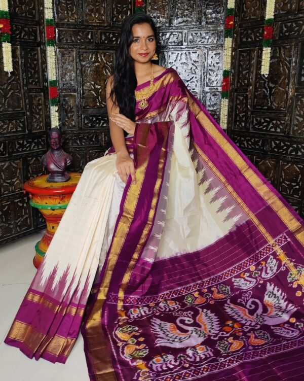 White & maroon twill ikkat saree