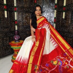 White Red Twill Ikkat Saree