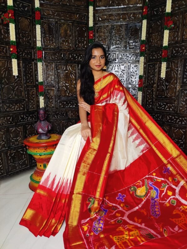 White Red Twill Ikkat Saree