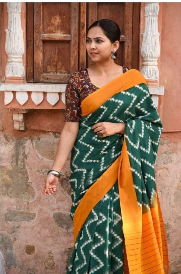 Double ikat cotton saree in green color