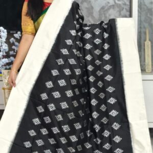 Black Pochampally silk saree with white border & ikkat patterns