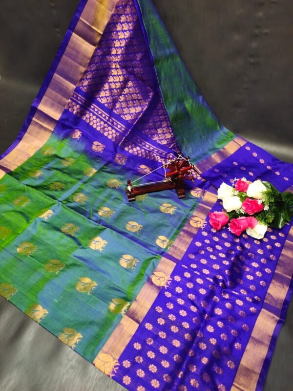 Seagreen Uppada Pattu Saree with Blue Tissue Border - Image 3
