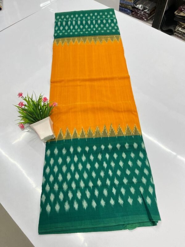 Orange Green Ikkat Cotton Saree