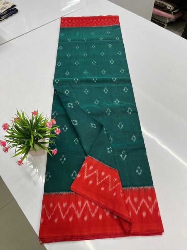 Sea Blue Red Ikkat Cotton Saree