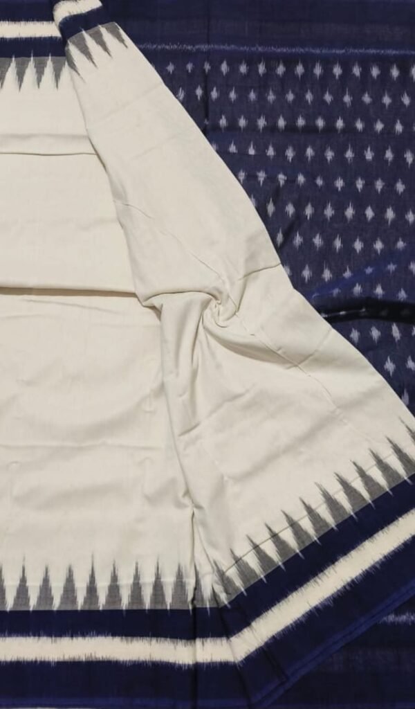 White and blue Ikkat cotton saree