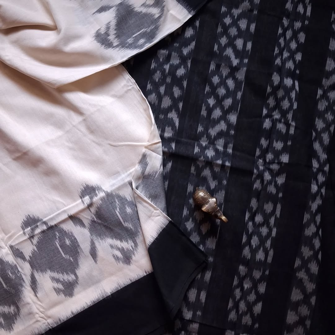 Black pallu and Black border and white Black pochampally cotton saree body