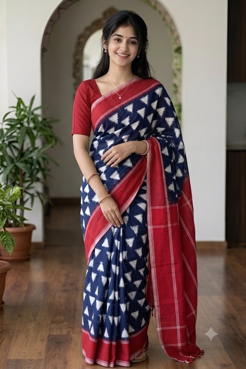 Blue Double Ikkat Cotton Saree