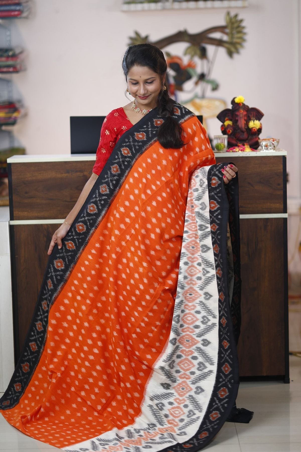 Orange Pochampally Cotton Saree