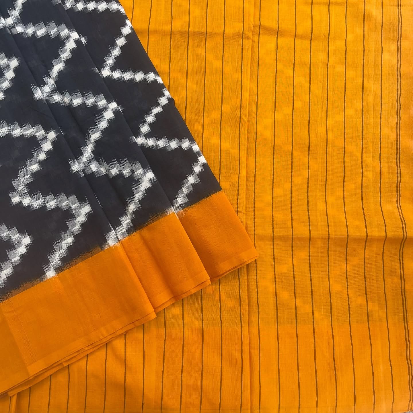 Yellow Double Ikat Cotton Saree - Image 2