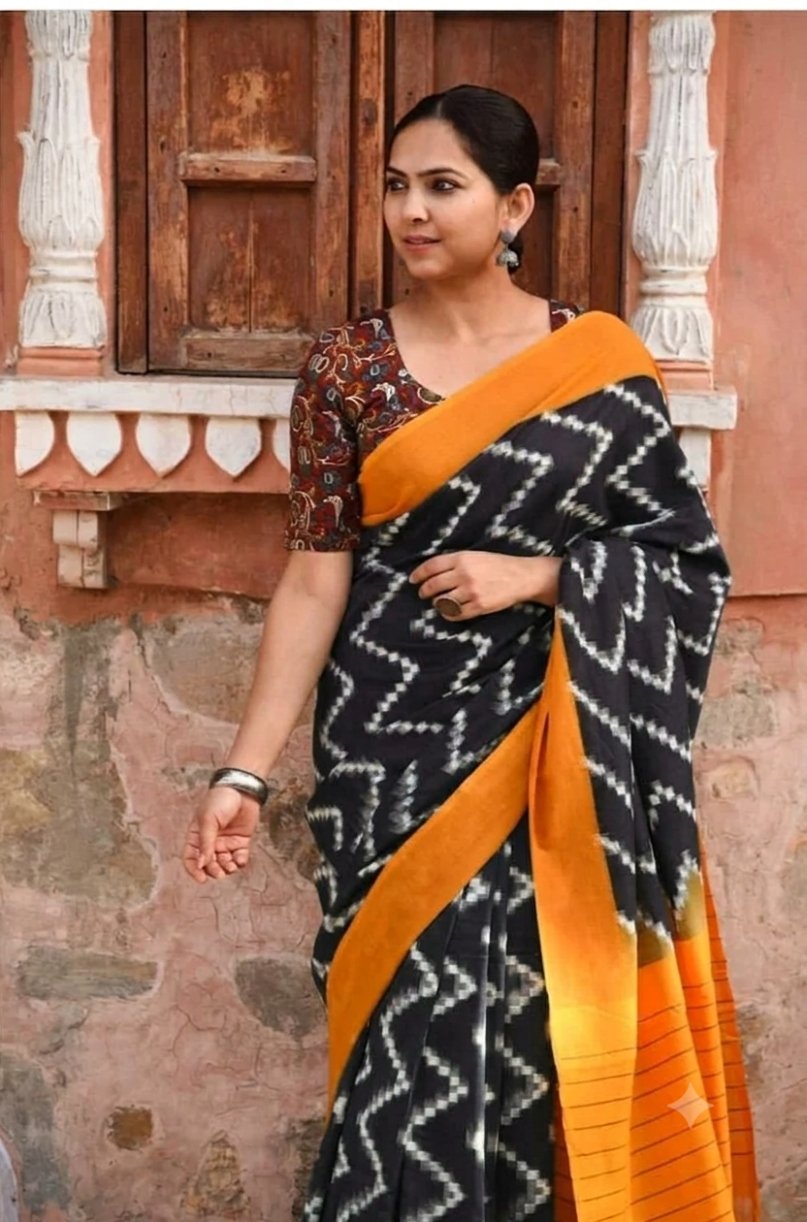 Yellow Double Ikat Cotton Saree