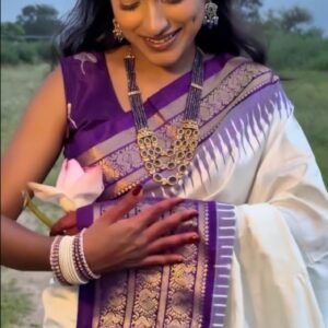 White-Purple pochampally ikat silk saree with kanchi pattu border