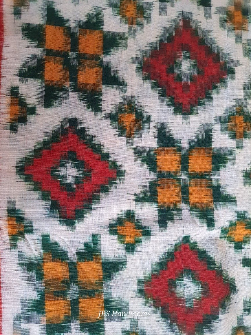 Telia rumal cotton saree closeup of yellow and red motifs