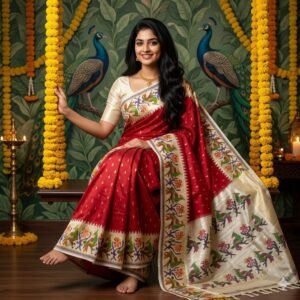 Red Pochampally Ikkat Silk Saree With Parrots Border