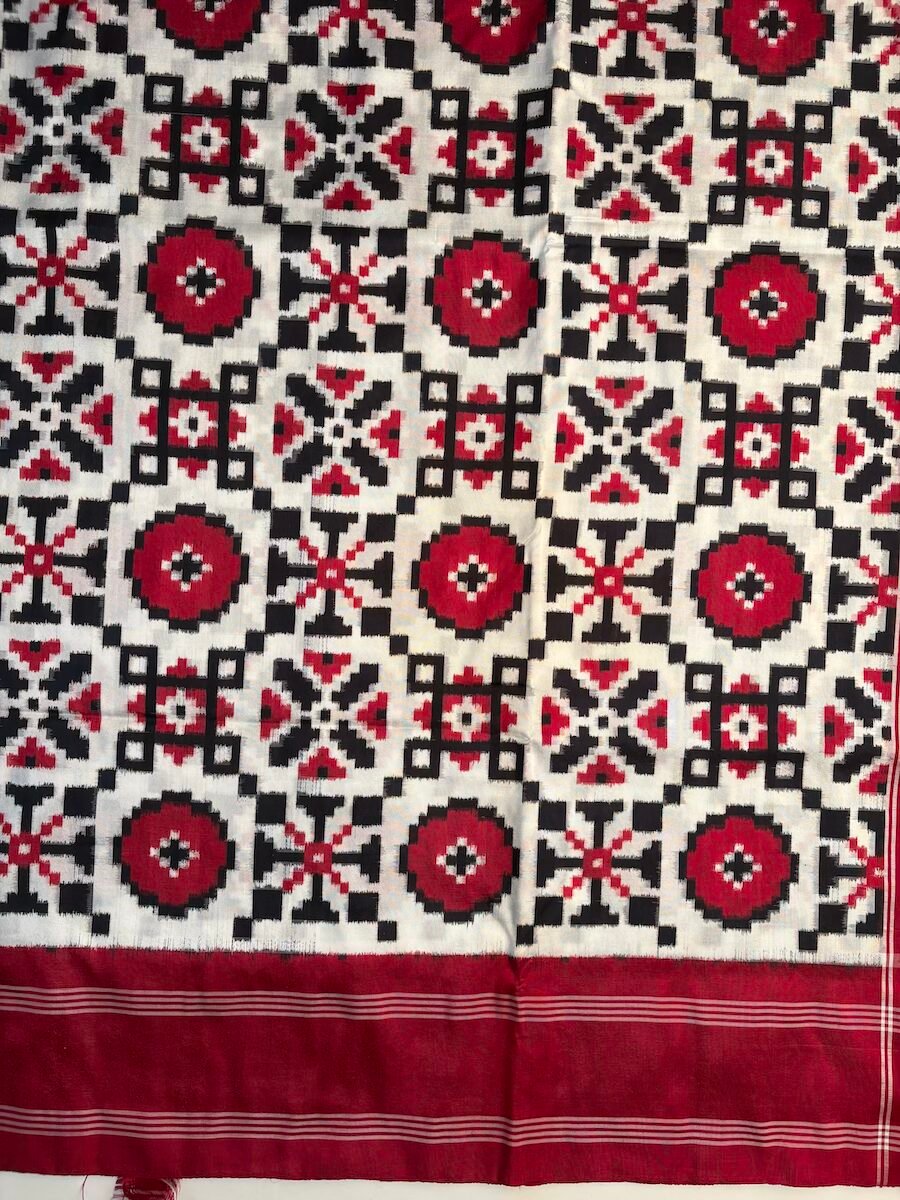 White red and black colour telia Rumal saree with red border