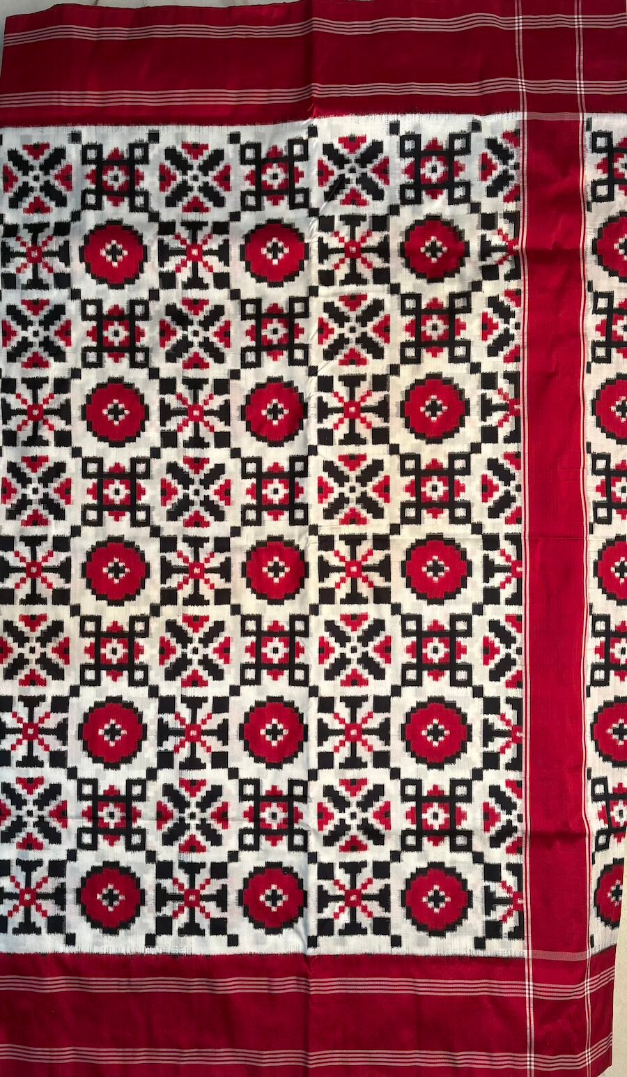 White red and black colour telia Rumal saree with red border