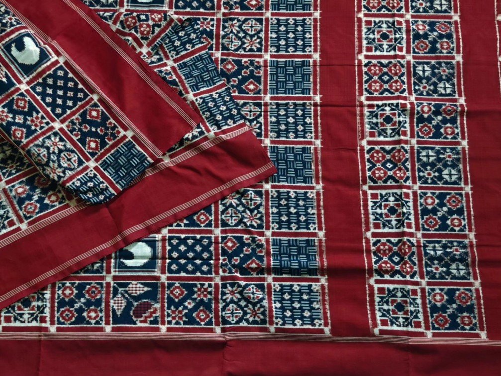 Blue Red Telia Rumal Cotton Saree - Image 3