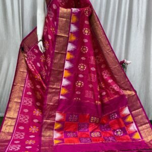 pink ikat silk saree with kanchipuram border