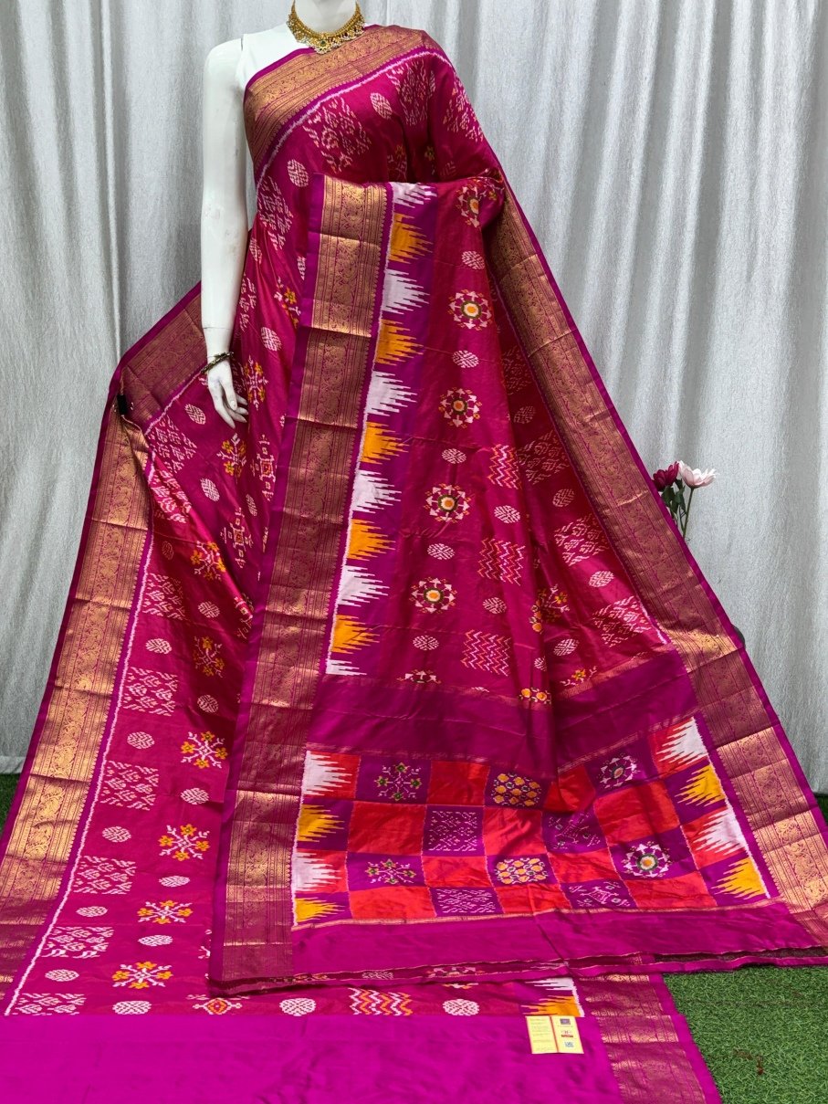 pink ikat silk saree with kanchipuram border
